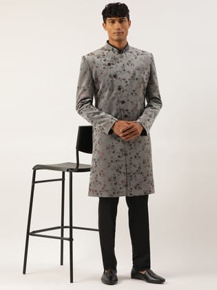 Grey Printed  Angrakha Indowestern-Made To Measure / Indo Pant Set