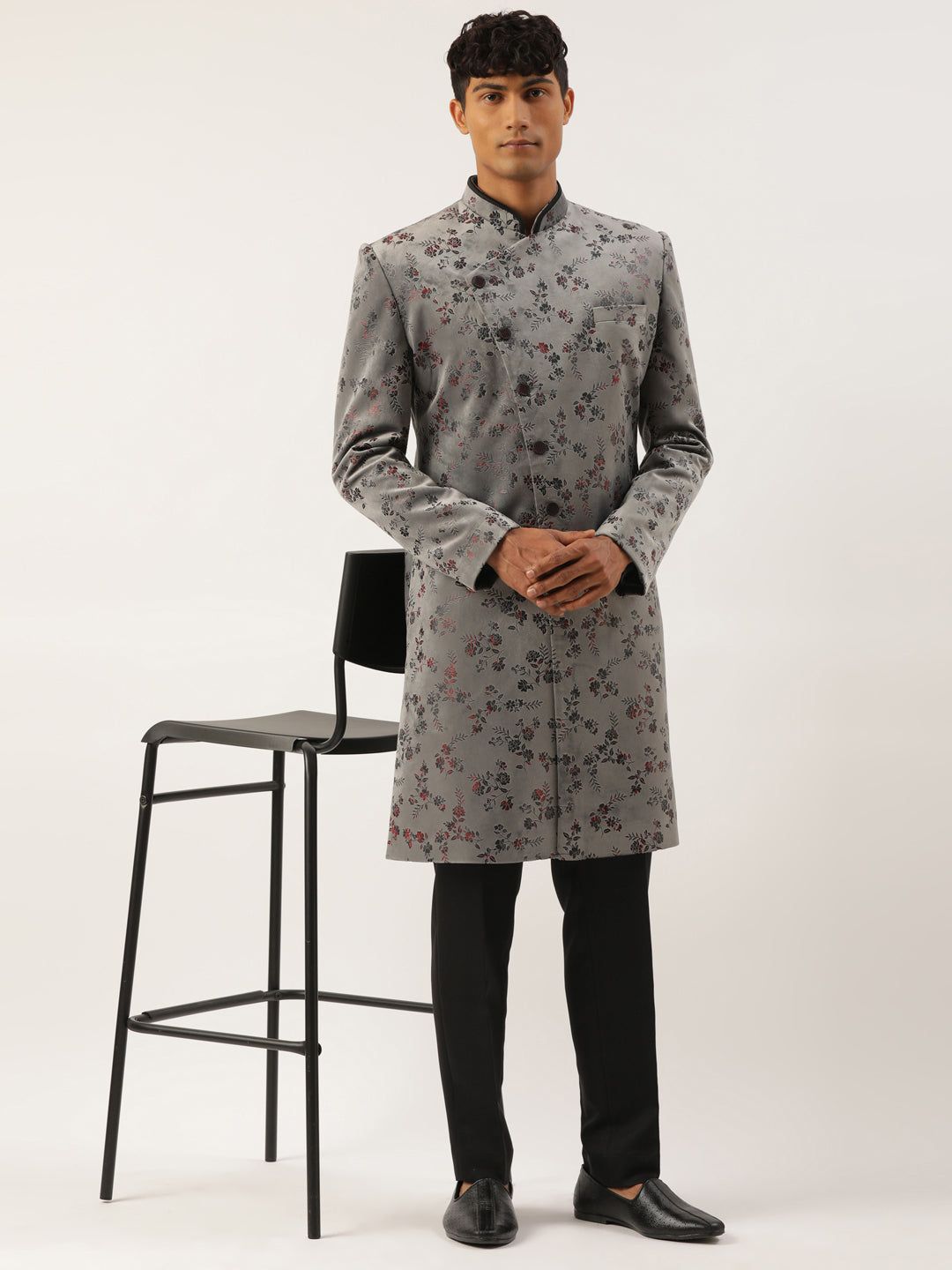 Grey Printed  Angrakha Indowestern-Made To Measure / Indo Pant Set