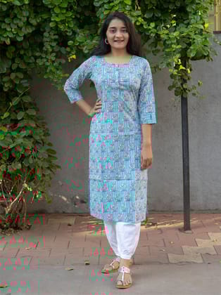Dewdrops  Blue Floral Straight Cut Cotton Kurta-XS