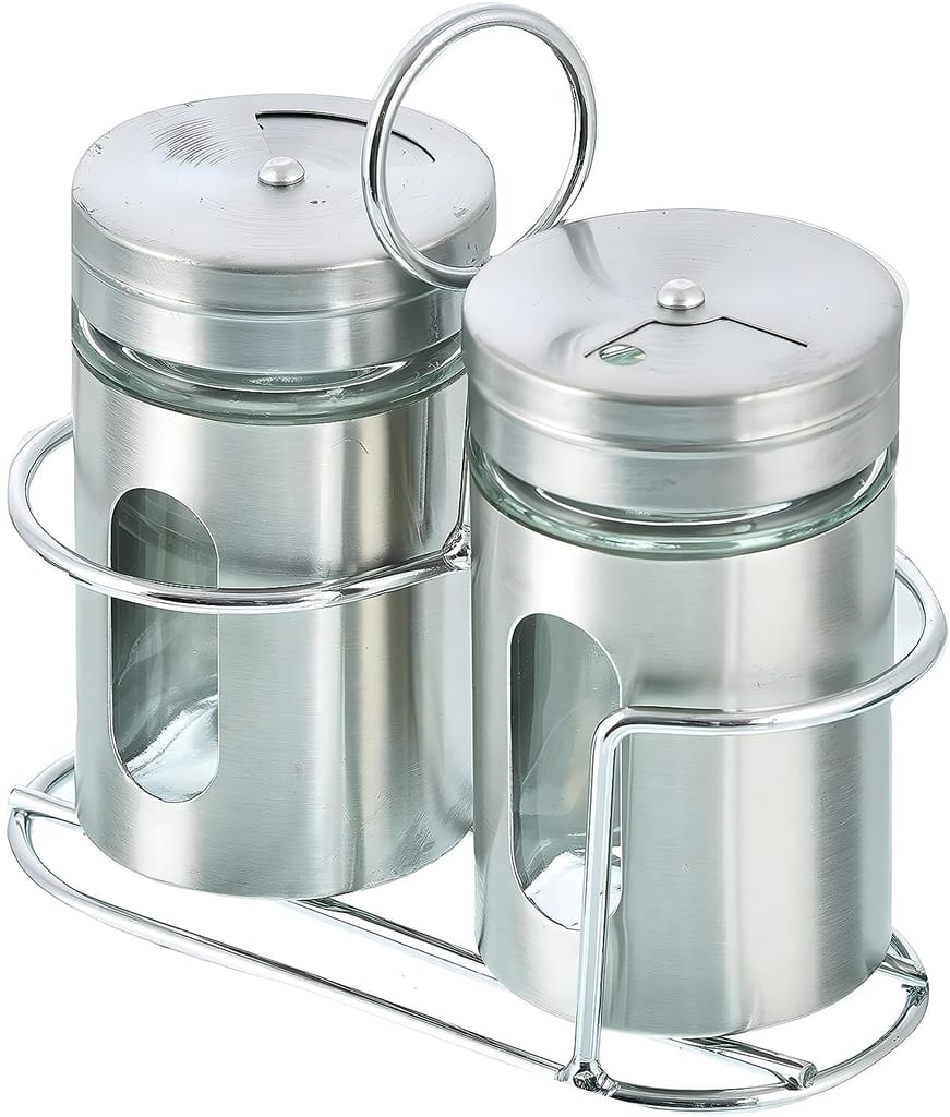 RUPIKA | Stainless Steel Glass Namak Dani Spice Jar Set with Holder Salt Pepper Oregano Chilli Flakes Sugar Dispenser Stand