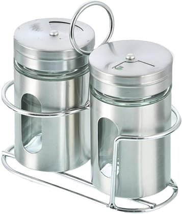 RUPIKA | Stainless Steel Glass Namak Dani Spice Jar Set with Holder Salt Pepper Oregano Chilli Flakes Sugar Dispenser Stand