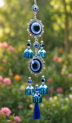 Double Evil Eye Metal Wind Chimes Hanging for Home Decor | Vastu Feng Shui Positive Energy Decorative Hanging |