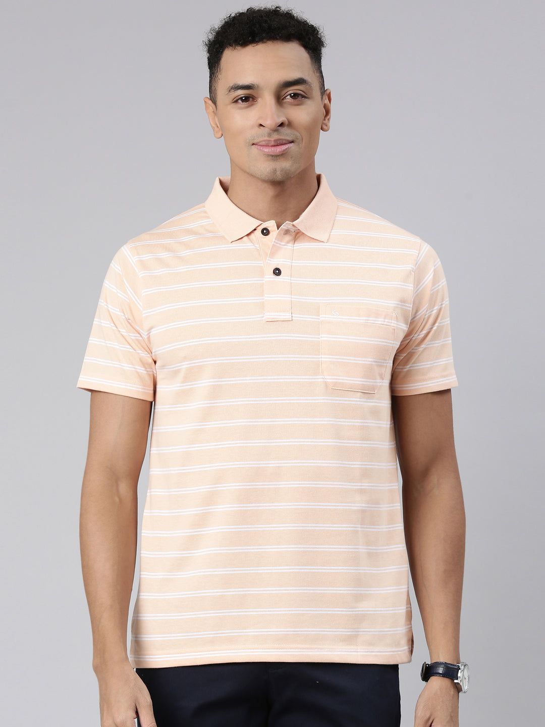 Classic Polo Men's Half Sleeve Lt.Orange/White Polo Neck Cotton Blend Authentic Fit T-Shirt | AVON - 570 B AF P