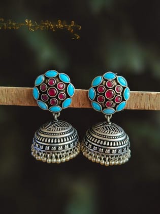 High-Quality German Silver Jhumka Earrings Perfect for Ethnic Attire | Sarichka-Turquoise+Red