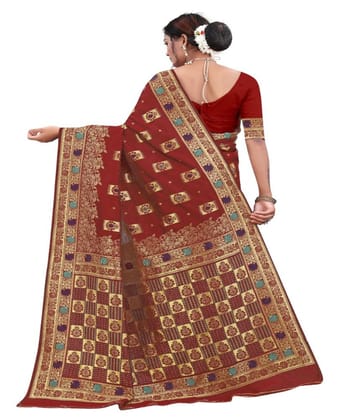 Women's Banarasi Silk Designer Weaving Saree with Unstitched Blouse (Maroon, 5.50 Mtrs)