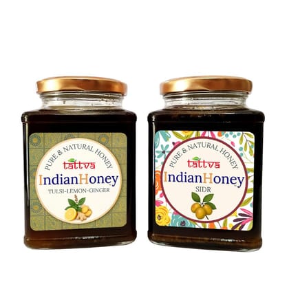 IndianHoney Sidr & Tulsi Lemon Ginger Honey Combo (Pack of 2) | Pure & Natural | 1kg (500g Each) | Unprocessed & Unfiltered Natural Sweetener