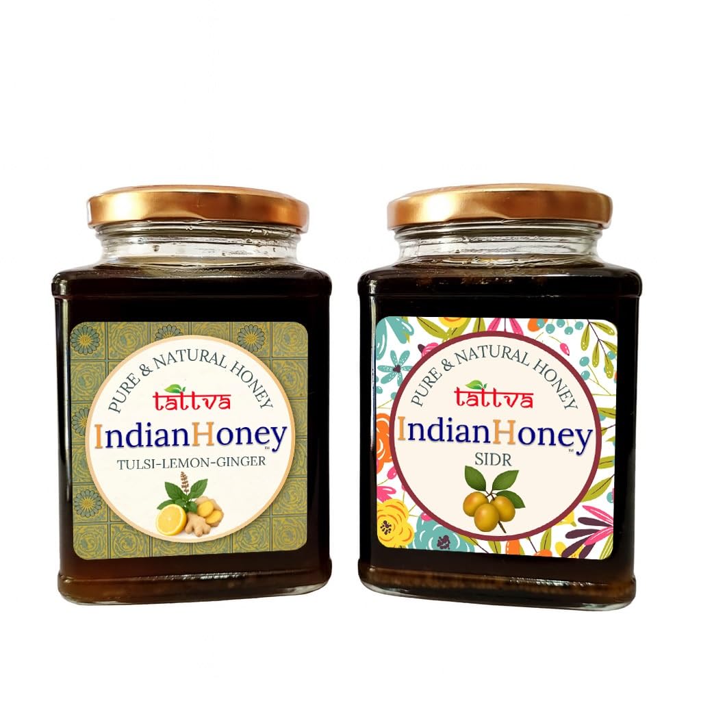 IndianHoney Sidr & Tulsi Lemon Ginger Honey Combo (Pack of 2) | Pure & Natural | 1kg (500g Each) | Unprocessed & Unfiltered Natural Sweetener