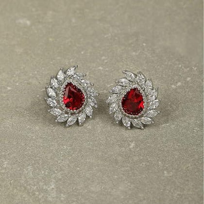 Silver Plated AD&Ruby Stone Stud Earrings