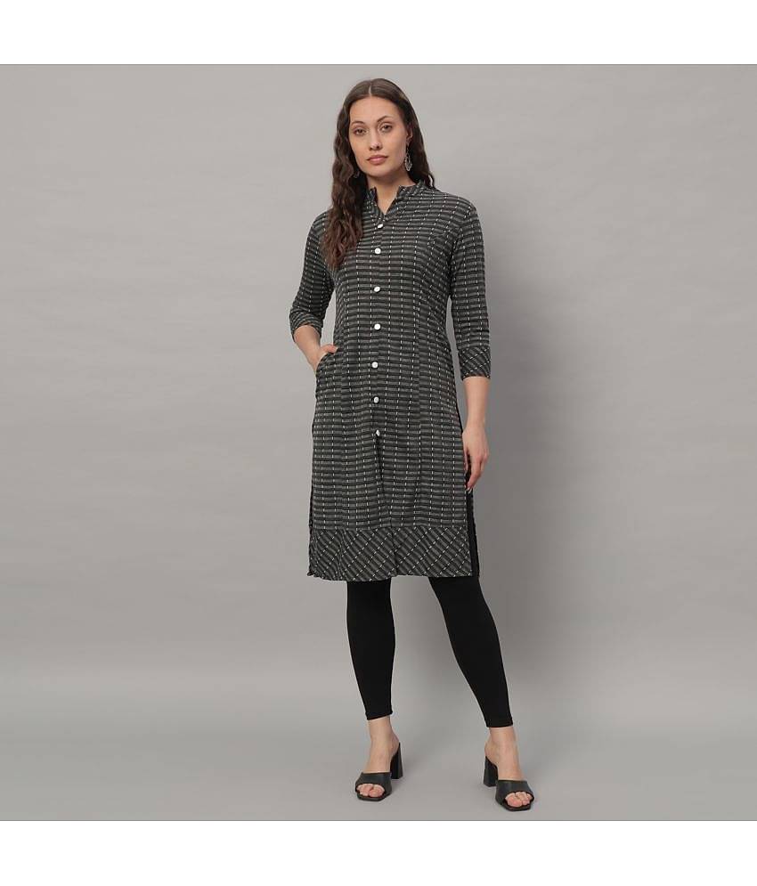 Glito Cotton Blend Striped Front Slit Women's Kurti - Dark Grey ( Pack of 1 )
