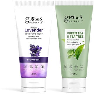 Globus Naturals Face Wash Combo- Hydro Boost Lavender Face Wash & Green Tea & Tea Tree Radiance Face Wash, 75gm