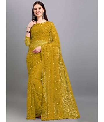 Indy Bliss Net Self Design Saree With Unstitched Blouse Piece ( Brown )