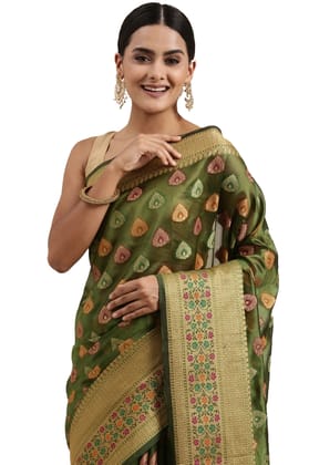 Women's Organza Printed Saree with Unstitched Blouse (Mehandi, 5-6 Mtrs)