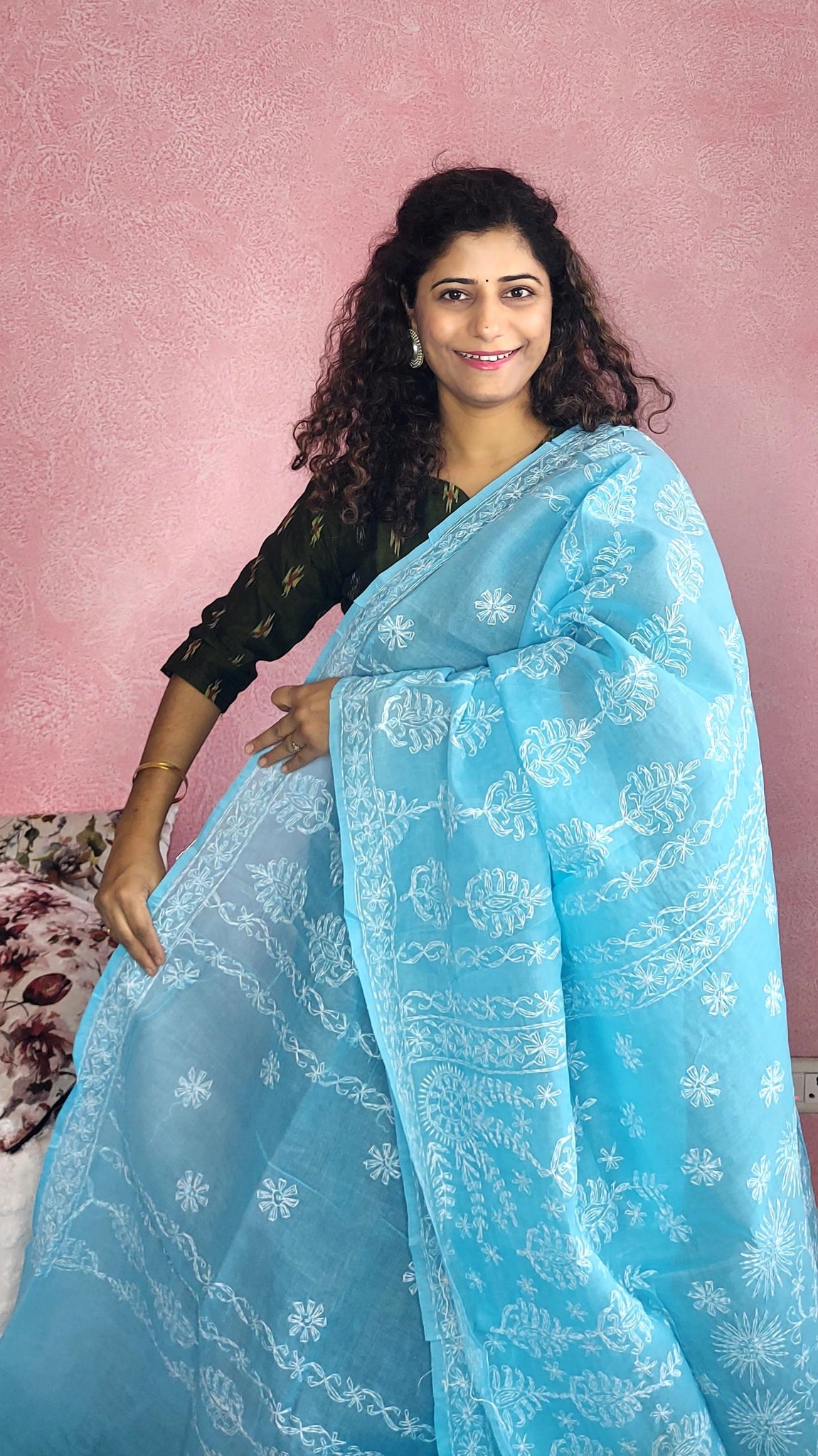 Chikankari Cotton Saree- Blue