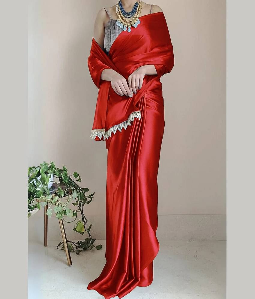 A TO Z CART Satin Solid Saree With Unstitched Blouse Piece ( Red )