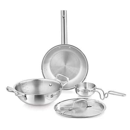 Bergner BE Essentials TriPly 4 Pcs Cookware Set, Kadai 22cm/2 L, Fry Pan 22cm/1.1 L, Tadka Pan 10cm, 1 Stainless Steel Lid Suitable for Kadai and frypan, Cool Touch Comfort Grip Handle, Silver