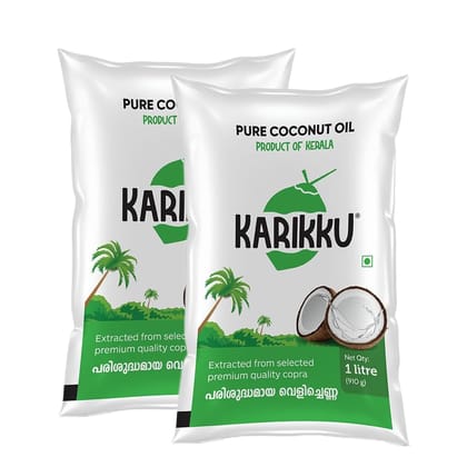 KARIKKU 100% Pure And Natural Coconut Oil|Healthy Cooking Oil for the Heart|Premium Edible Coconut Oil For Cooking, Pouch 1 Litre | Pack Of 2