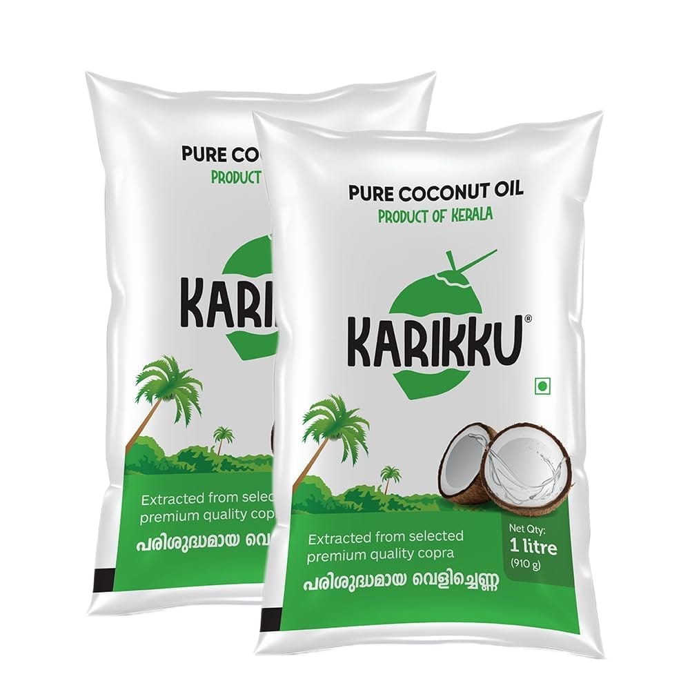 KARIKKU 100% Pure And Natural Coconut Oil|Healthy Cooking Oil for the Heart|Premium Edible Coconut Oil For Cooking, Pouch 1 Litre | Pack Of 2