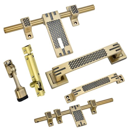BUCKLER Door Kit Set, Latch and Bolts (Aluminium, Stainless Steel) Finish-Gold Antique, Size -10 Inch Aldrop- STAR BUCKLER Door Kit Set, Latch and Bolts (Aluminium, Stainless Steel) Finish-Gold Antique, Size -10 Inch Aldrop- STAR