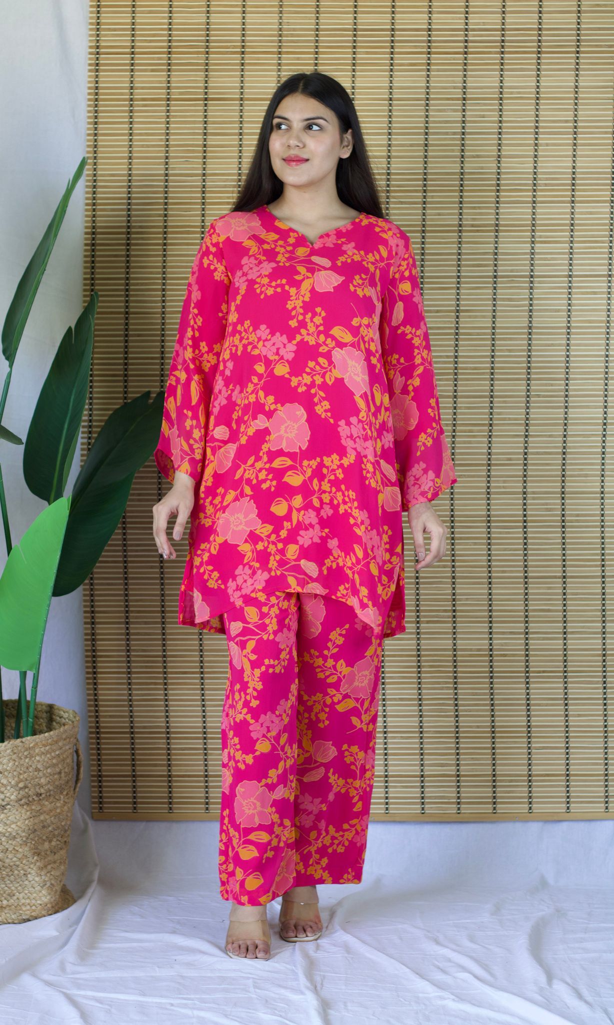 Pink Floral Print Relaxed Fit Co-ord Set with Bell Sleeves-XS