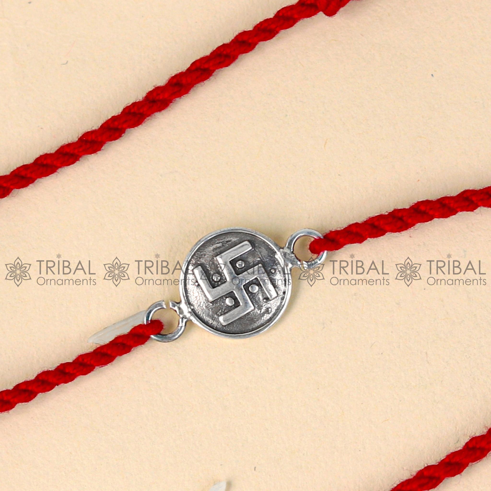 925 Sterling silver Swashtik design pendant Rakhi bracelet Rakshabandhan festival rk321-Red Thread