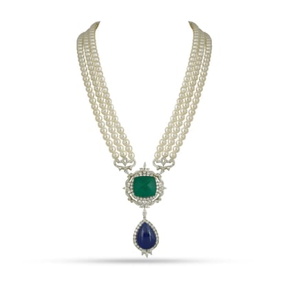 Aighar - Blue & Green Doublet Stone Pearl Long Necklace