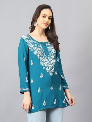 The Chikankari Story: Lucknowi Chikankari Hand Embroidery Cotton Rayon Short Kurti, Kurta, Top, and Tunic Collection in Deep Sea Green, Green Olive, Cool Blue, Black, and Grey-XS / Blue