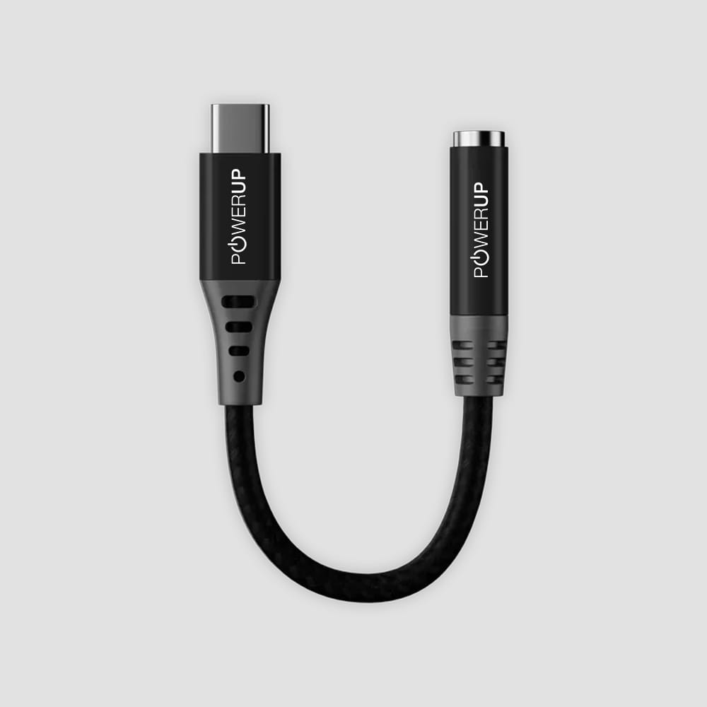 POWERUP Type C to 3.5 mm Headphone Jack Adapter Cable 12 cm - Black