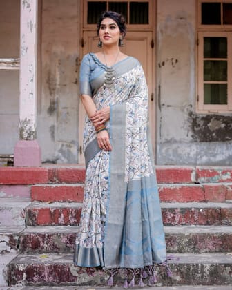 Elegant Light Blue Banarasi Silk Saree with Floral Design and Zari Weaved Pallu-Regular