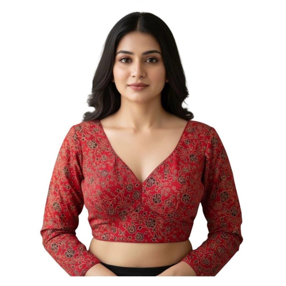 womens ajrakh cotton printed v-neck padded blouse red 38 ready self alterable 36-40 pid63923