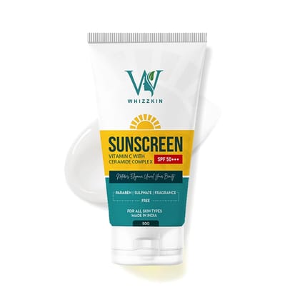 Whizzkin Sunscreen - SPF 50+++ PA+++ Lightweight & Hydrating Sunscreen Vitamin C with Ceramide Complex, 50 gm