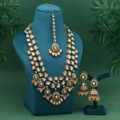 Gold Color Meena Work Kundan Necklace Set (KN1453GLD)-Adjustable Rope / Gold / Alloy With Good Quality Gold Plated