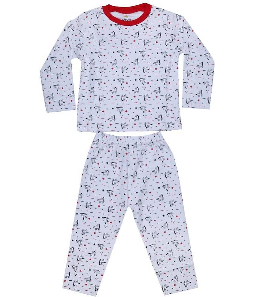 KABOOS Pack of 1 Boys 100% Cotton Nightsuit Set ( White )