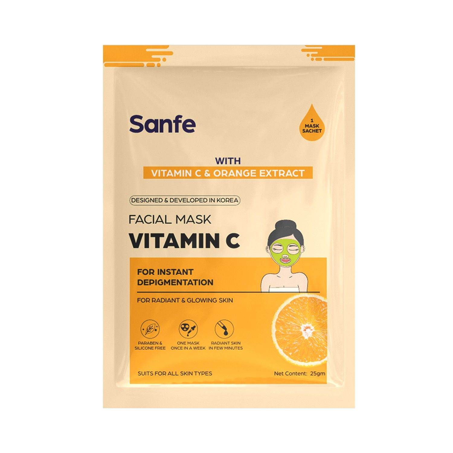 Sanfe Face Sheet Mask (Vitamin C), 25 ml, Brightening & Hydrating Glow Care
