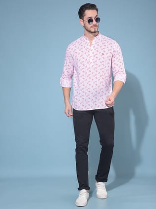 Purple Floral Print Linen Kurta-M / Purple