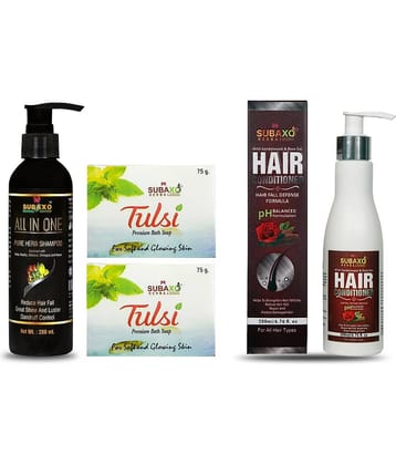 Ayurvedic All In One Pure Herb Shampoo | Strong and Long Hair| Prevents Hair Fall | 200 Ml & Ayurvedic Tulsi ( Basil) Beauty (Soap 2 Pc) Each 75 G & Hair Conditioner | Strong & Silky Hair | 200 Ml