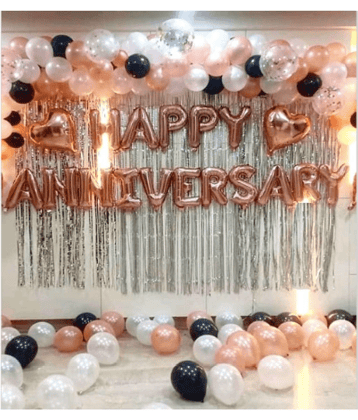 Jolly Party   (55 Pcs) Happy Anniversary Balloons Decoration Set with HD Metallic Balloons and Pre Filled Confetti, Curtain & Heart Foil Decoration Kit Combo (Rose Gold)