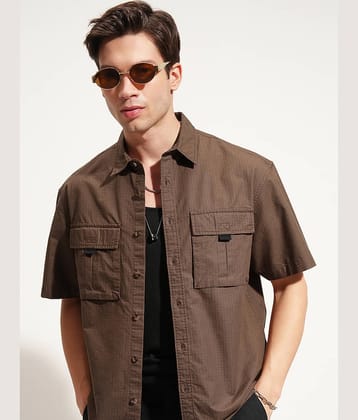 Highlander 100% Cotton Oversized Fit Self Design Half Sleeves Men's Casual Shirt - Brown ( Pack of 1 )