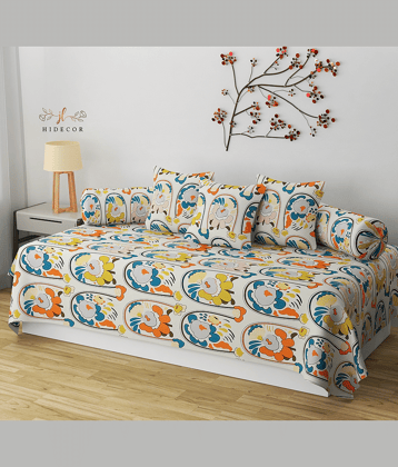 HIDECOR Cotton Floral Diwan Set 6 Pcs - Cream