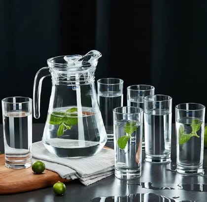 Premium Water and Juice Glasses Set of 6 and Jug Set Combo - Glasses 300ML, Jug 1.3 Liter, Glass and Jug Set for Dining Table, Transparent