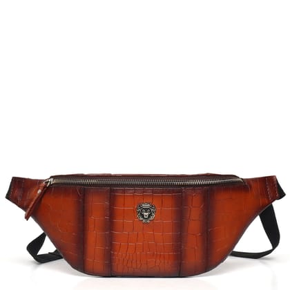 Cross Body Multi Compartment Tan Croco Texture Leather Bag-FS