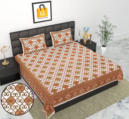 3001-Hometrade India-Standard King Size (90*108 Inches)-Pure Cotton Jaipuri Double Bedsheet With Matching Pillow Cover