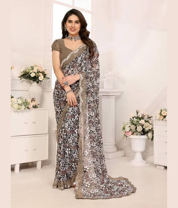 TTH Georgette Printed Regular Saree With Unstitched Blouse Piece ( Coffee )