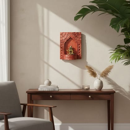 VMAntique Decor Handicraft Carved Red-Background Pooja-Stand Jharokha,God-Statue Stand Wooden Wall-Jharokha,Home Living Pooja-Room Decors Jharokha