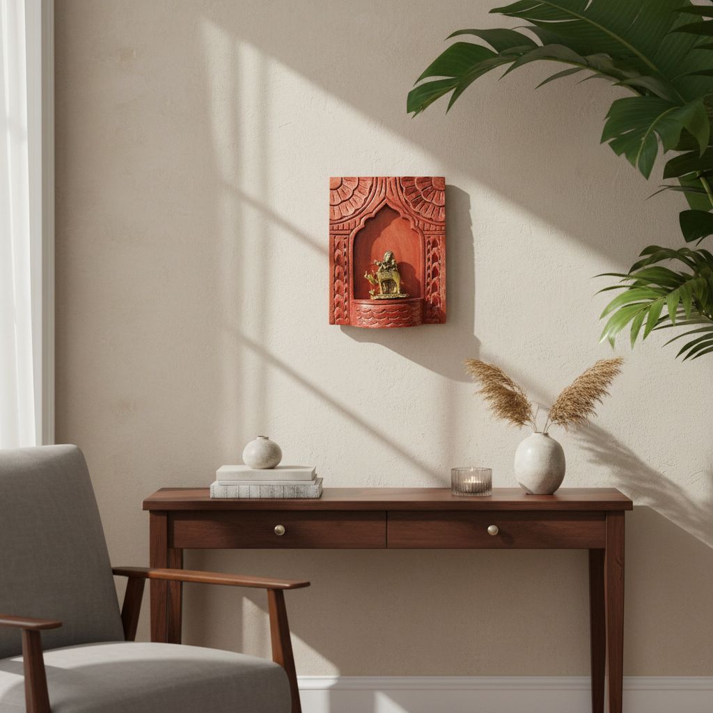 VMAntique Decor Handicraft Carved Red-Background Pooja-Stand Jharokha,God-Statue Stand Wooden Wall-Jharokha,Home Living Pooja-Room Decors Jharokha