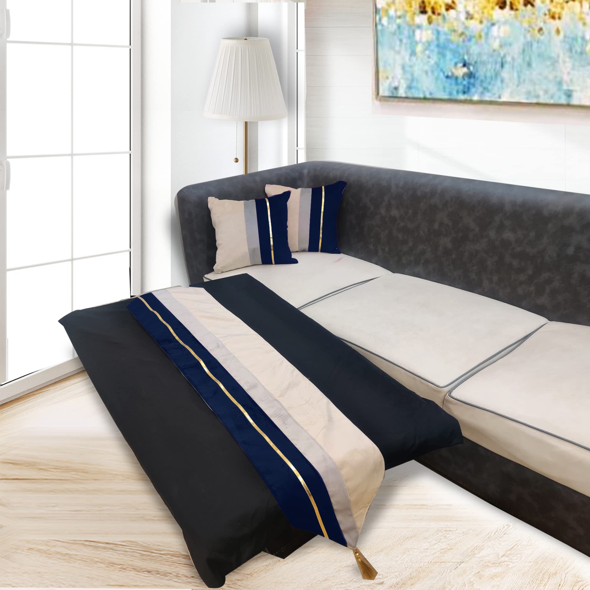 Blue Beige Gold Leather Velvet 2 Cushion Covers and 1 Table Runner Combo Luxury Modern Pillow Cover Decorative Pillow for Sofa Living Room Bedroom |16X16 Inch Cushion Cover I 12 X 59 Inch Table Runner