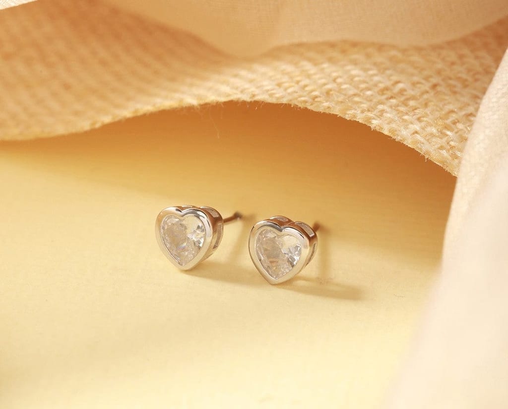 925 Sterling Silver Zircon Studded Heart Shaped Halo Solitaire Minimal Studds Earrings - Earrings | Buy online on ZillyBuy
