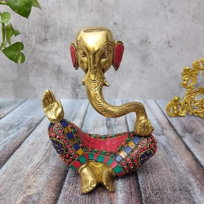Brass Aatma Ganesha with Turquoise Stone Work - 8 inch Height | Spiritual Aura Brass Aatma Ganesha with Turquoise Stone Work - 8 inch Height | Spiritual Aura