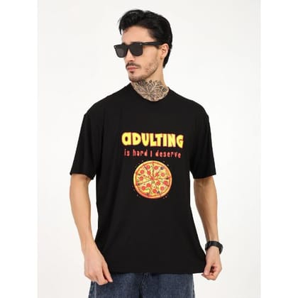 Pizza Design Men Oversized Bamboo T-Shirt Soft, Breathable & Sustainable Fit-L (Black)