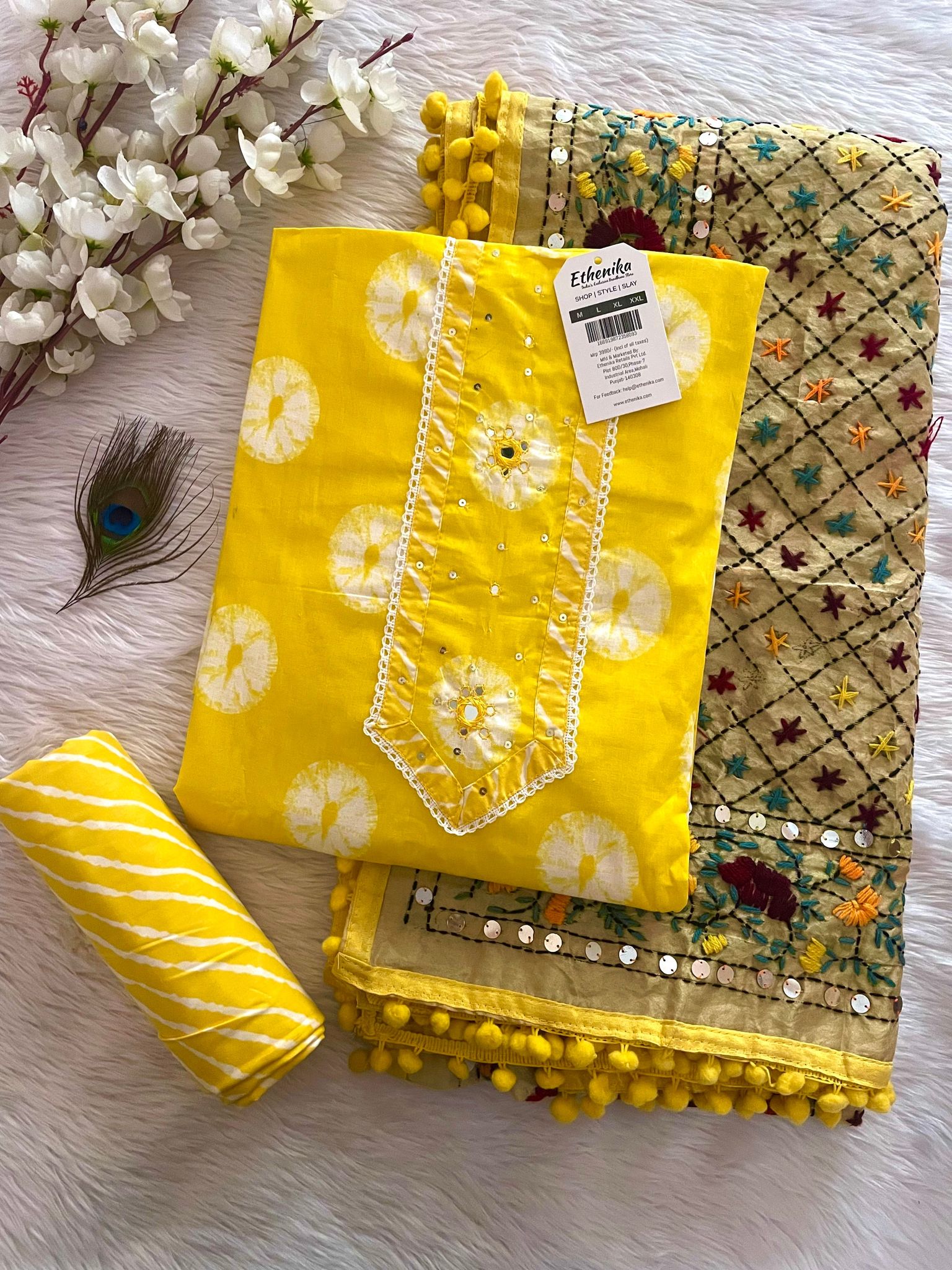 Soft Cotton Mirror work Shibori Bandhani Dress Material (Unstitched)-Phulkari Dupatta