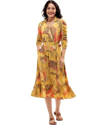 aask Polyester Blend Printed Knee Length Women's Fit & Flare Dress - Mustard ( Pack of 1 )